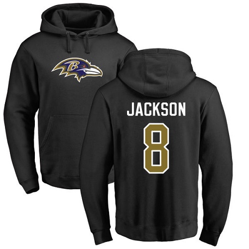 Men Baltimore Ravens Black Lamar Jackson Name and Number Logo NFL Football #8 Pullover Hoodie Sweatshirt->baltimore ravens->NFL Jersey